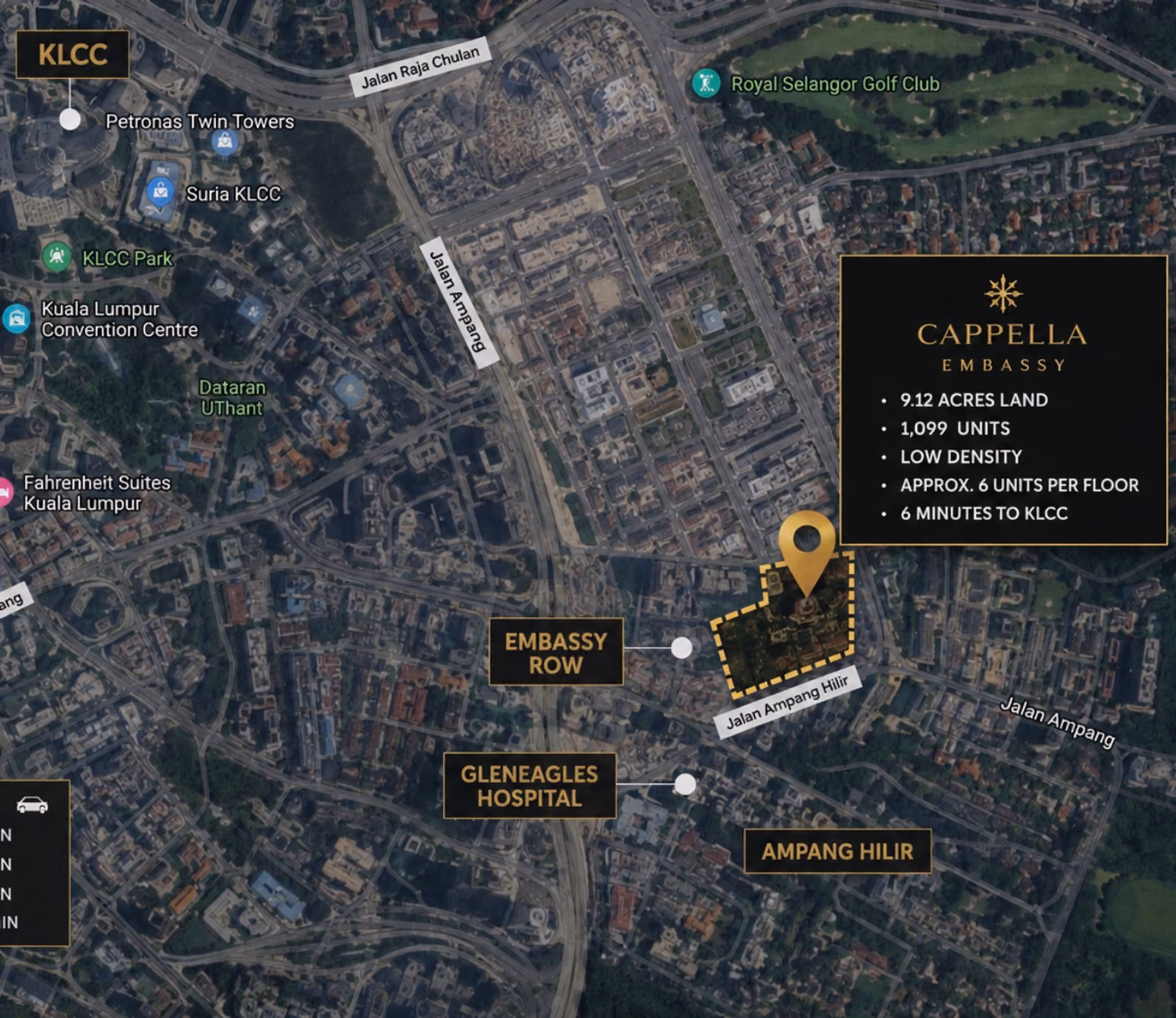 Cappella Embassy location map: 9.12-acre site on Jalan Ampang Hilir, 6 minutes to KLCC and Petronas Twin Towers, next to Embassy Row and Gleneagles Hospital, Kuala Lumpur
